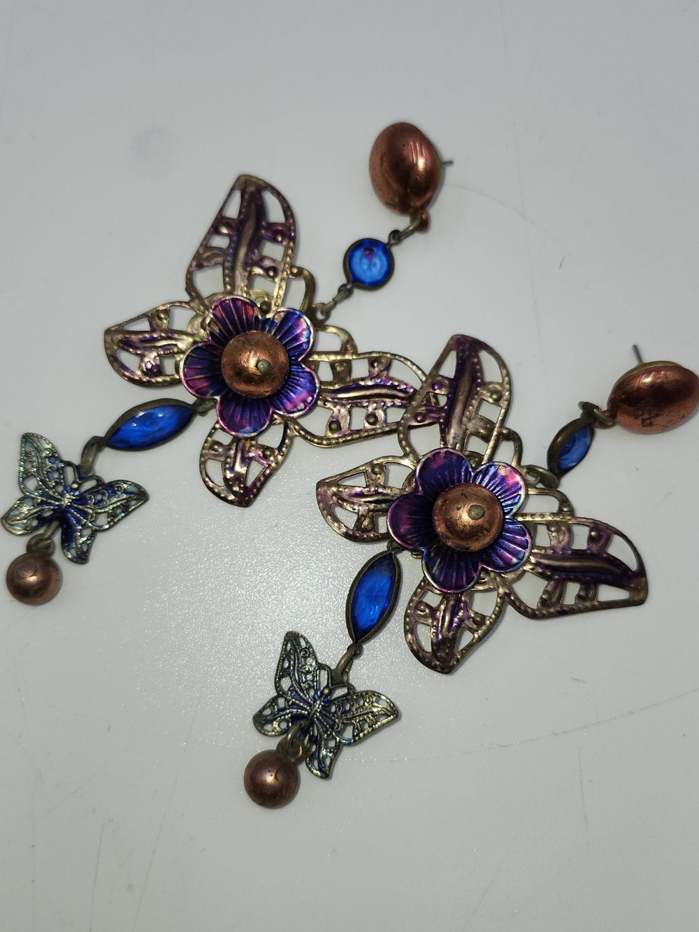 Vintage Floral Butterfly Drop Long Pierced Earrings  Purple  Blue Copper Stateme